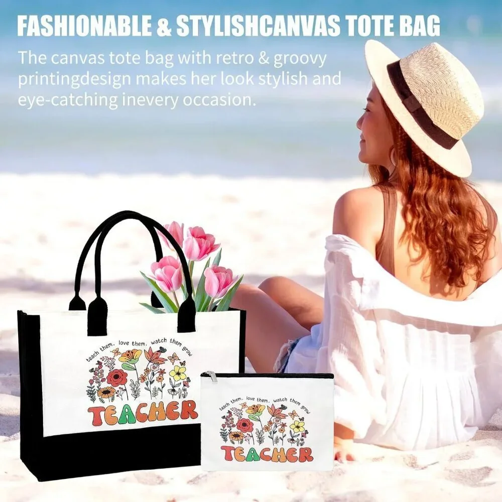 Teacher Appreciation Gift Set Canvas Tote Bag Cosmetic Pouch Thermos
